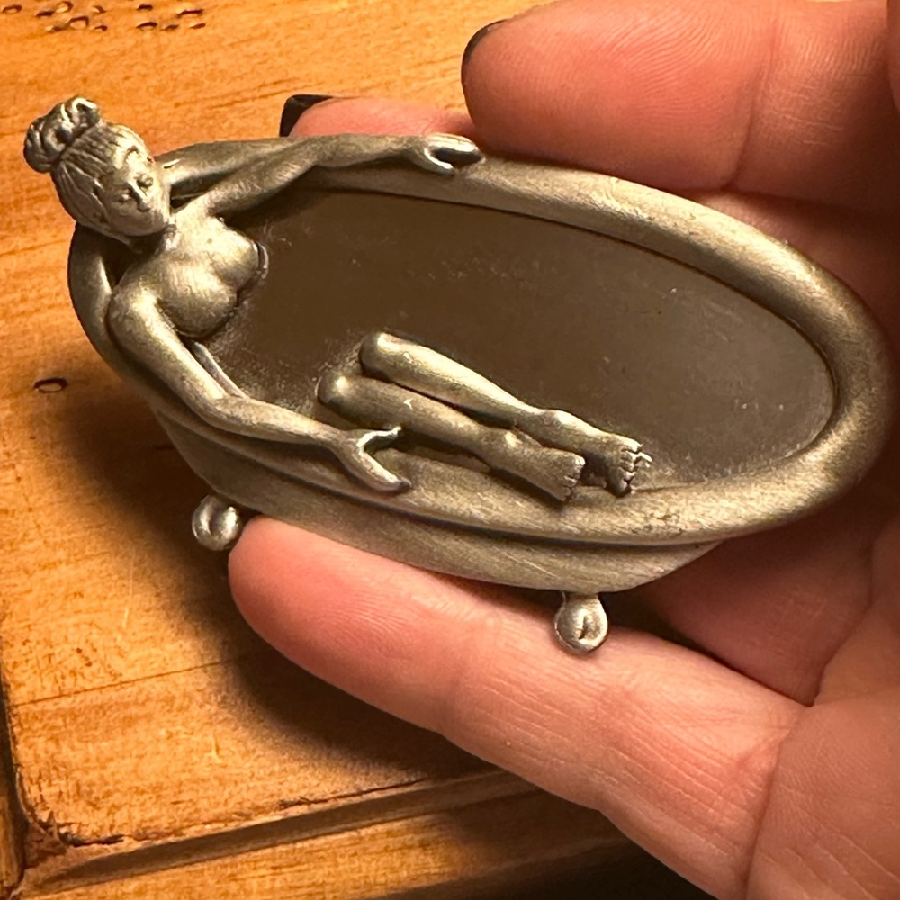 AJC Vintage Brooch of Woman in a Bath Tub Silver Tone